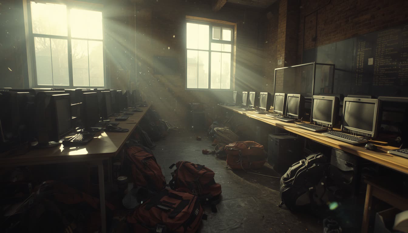 Sunlight streaming through tall windows over long rows of monitors in a brick-walled computer club